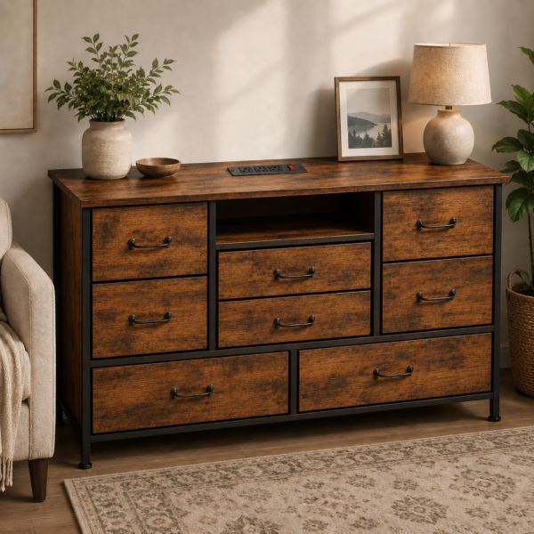 Dresser with Power Cords RUSTIC BROWN