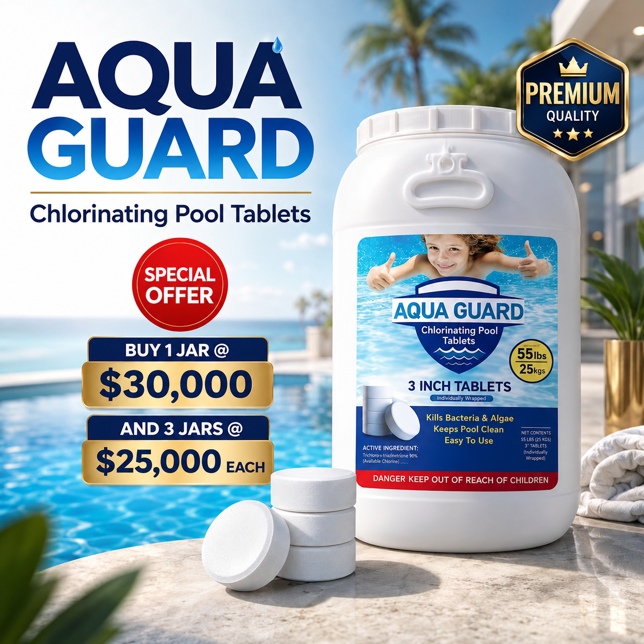 Aqua Guard Chlorinating Pool Tablets – 55 lb Jar