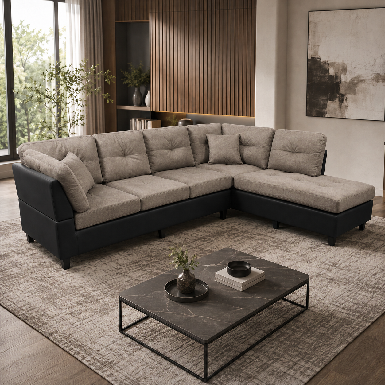 Sectional Sofa Set Grey W/Black Right Chaise