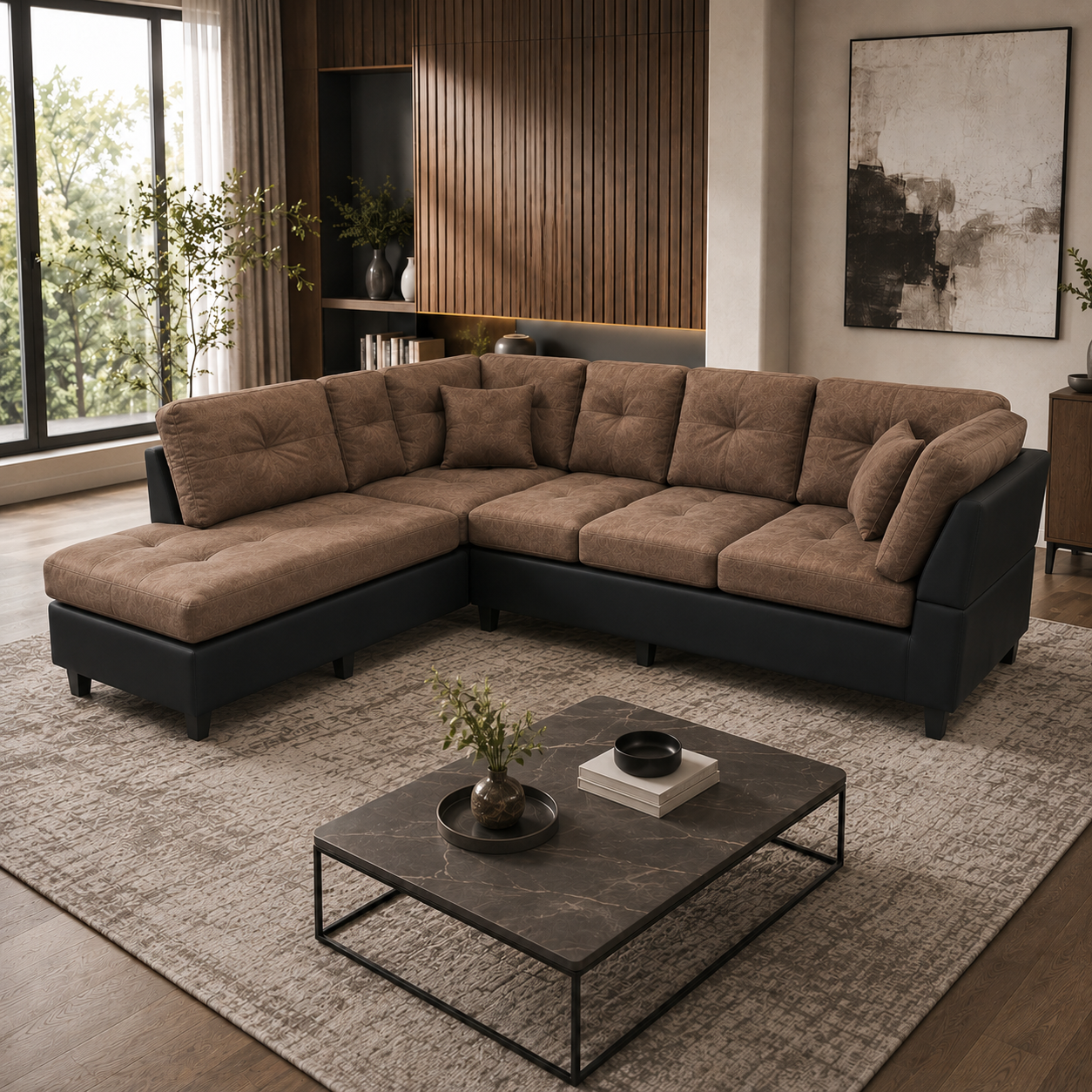Sectional Sofa Set Chocolate W/Black Left Chaise