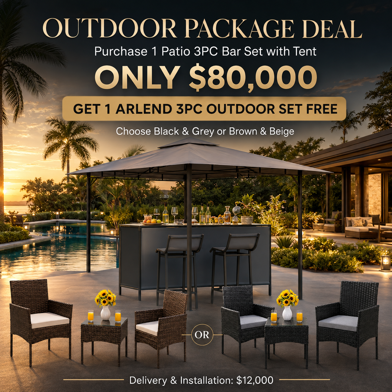 7ef6dffa-db92-4529-af06-1e54d364b830 Patio 3PC Bar Set with Tent + FREE Arlend 3pc outdoor set - Image 1