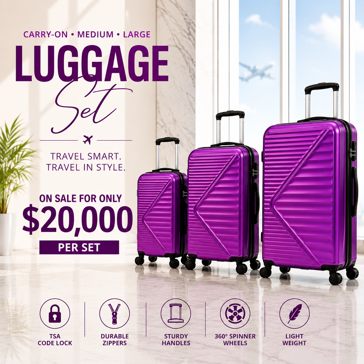 Purple 3-Piece Luggage Set