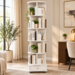 Swivel Book Case With Drawer- White