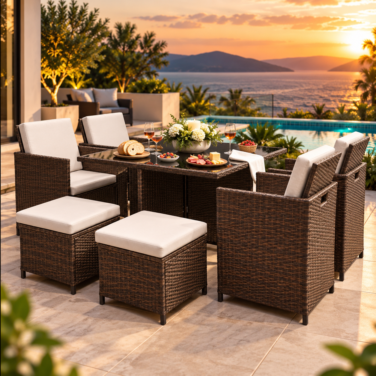 72595432-09f5-4164-b387-cbcb1a6cd842 Cannes Outdoor Set 9pc BROWN+BEIGE - Image 1