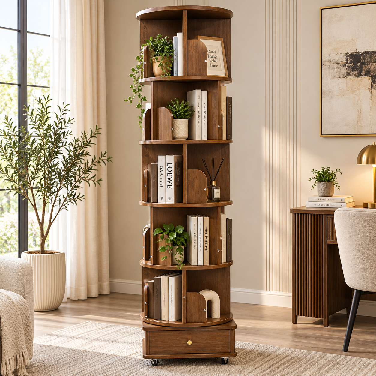 a56e4ba1-f293-4460-bc6c-73e82908bba2 Swivel Book Case With Drawer- Dark Wood - Image 1