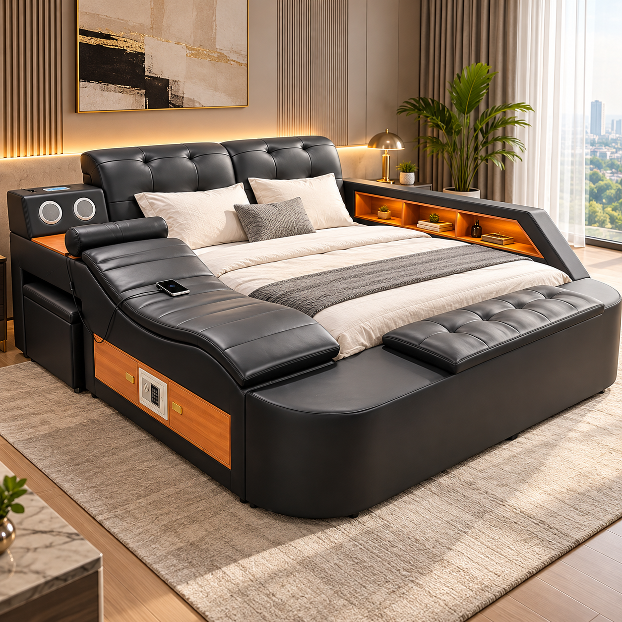6ade889f-ab44-4067-8458-0c91ecbb2139 Smart Multifunctional King Size Bed – Black - Image 1